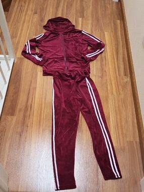 Velour Hooded Tracksuit Set - Burgundy with White Stripes